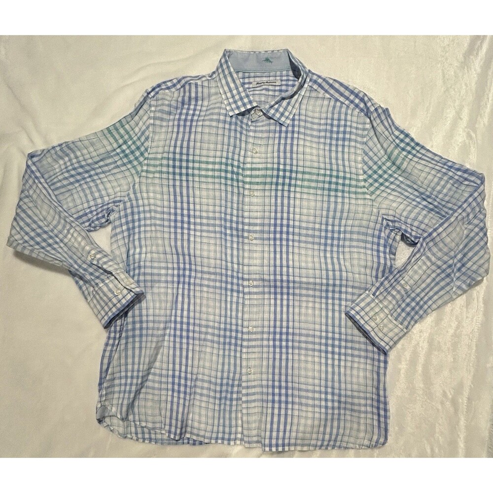 Tommy Bahama 100% Linen Mens XL Long Sleeve Button Up Shirt Blue & White